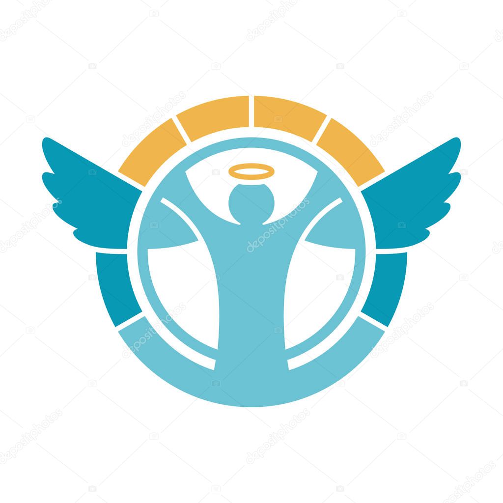 Blue silhouette of the angel in the circle logo template. Isolated beautiful colorful angel sign. Vector illustration.