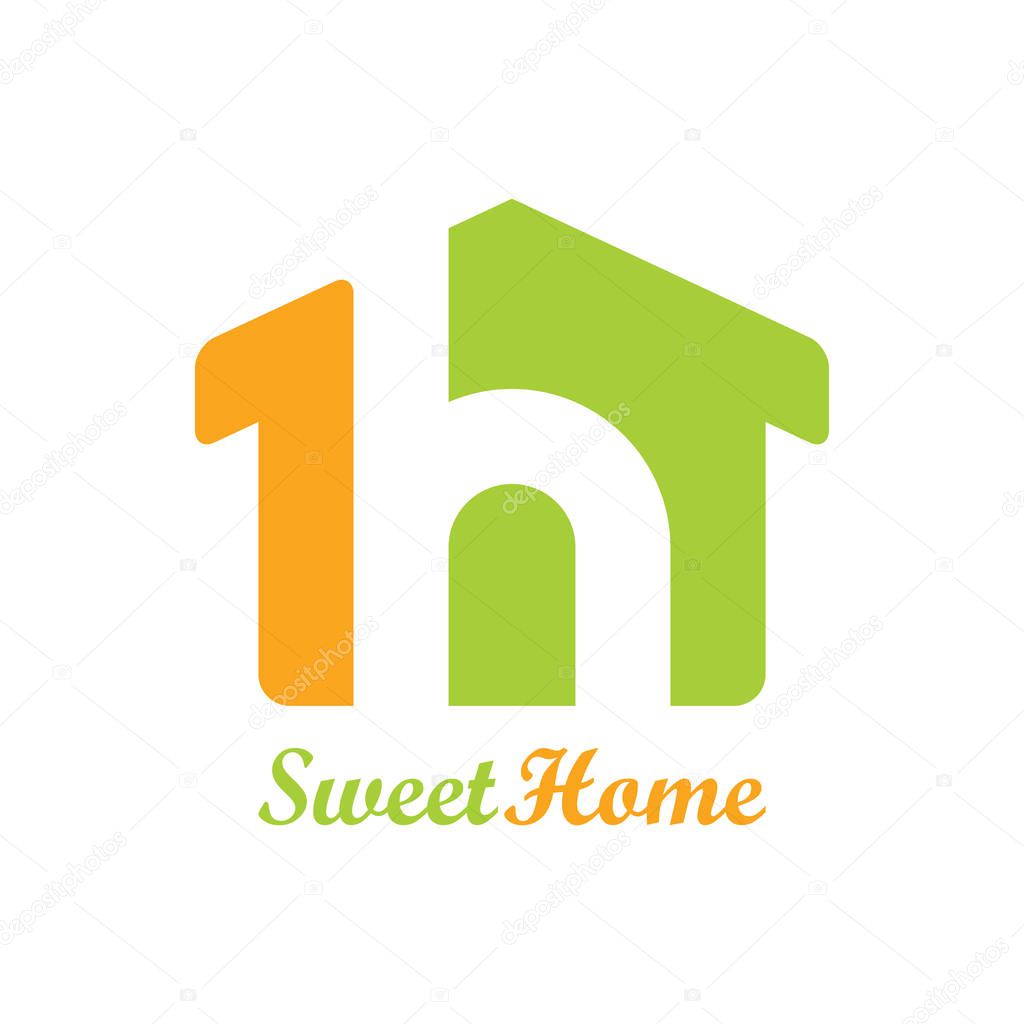 House logo template. Beautiful house of green and orange color forming the letter h. Vector illustration.