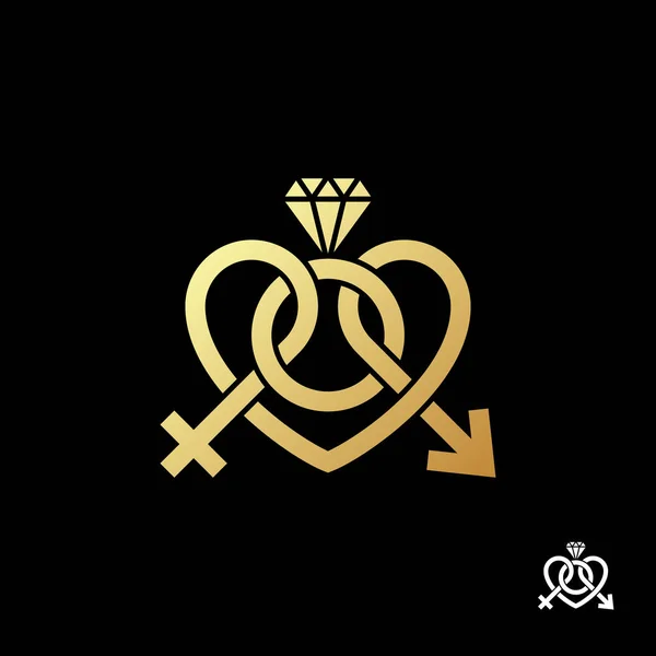 Güzel pleksus altın erkek ve dişi nişan yüzüğü logo şablonu siyah arka plan üzerine oturum açın. Evlilik ajansları, olay dekorasyon, düğün ve gelin mağazalar için. Vektör çizim.