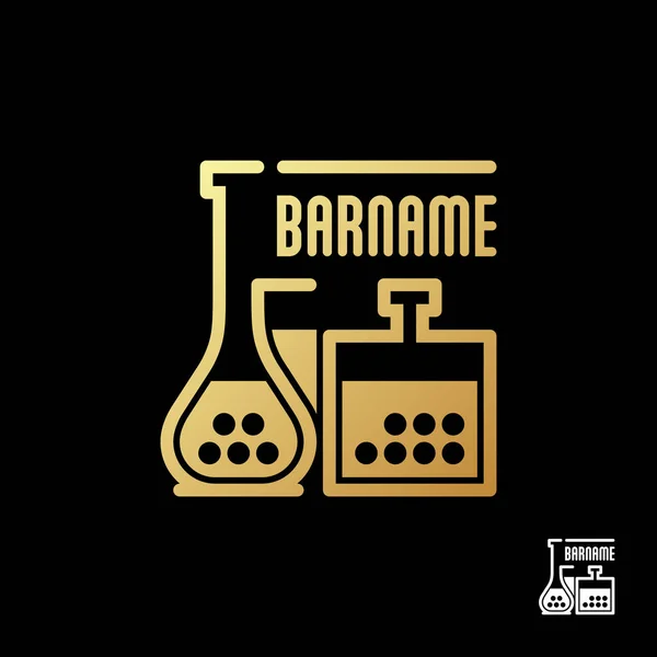 Şişe alkol ve bardak şarap logo şablonu. Bar ve Restoran anahat tarzı siyah arka plan üzerine güzel altın simgesi. Vektör çizim.