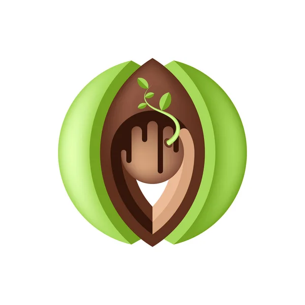 Soyut tohum ve Filiz iç kahverengi toprak ve yeşil çim logo şablonu. Şirket kimliği, reklam, afiş, broşür, afiş, web ve el ilanı için yaratıcı ve modern sembolü.