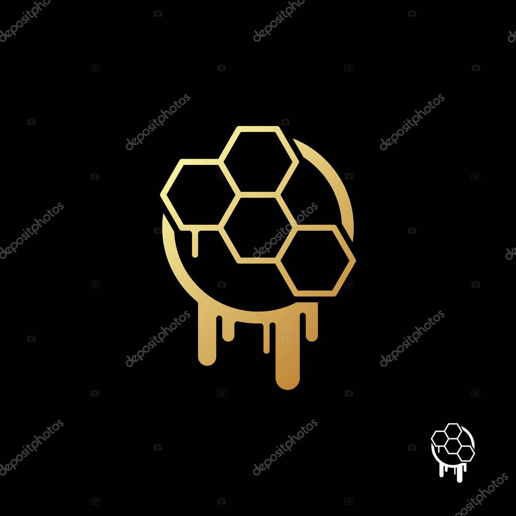 Gold bee honeycombs logo template on black background. Vector illustration.