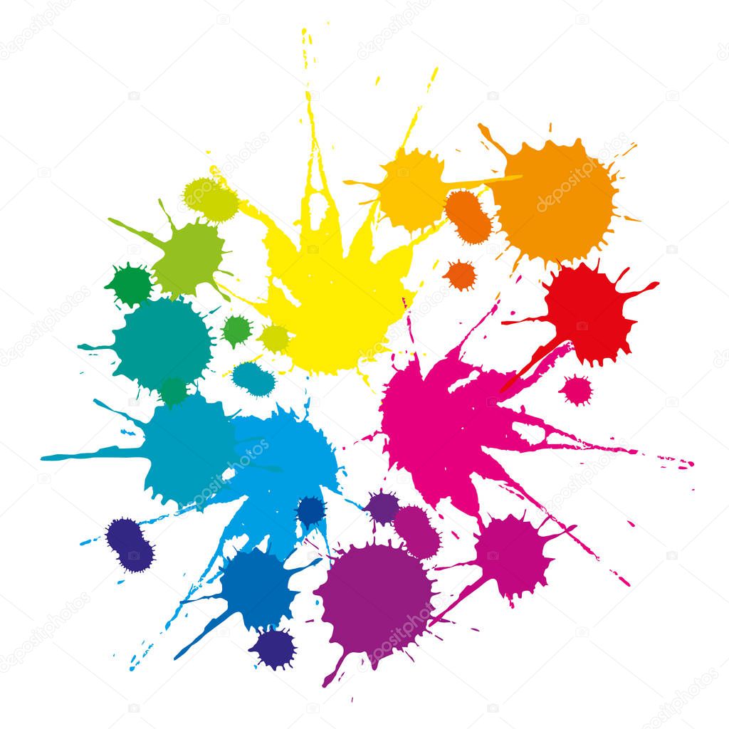 A set of colored stains caused by falling liquid on a white background