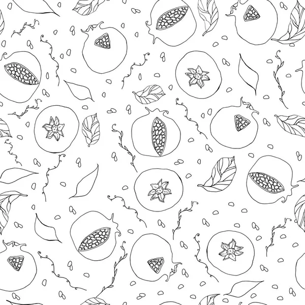 无缝的样式与白色和黑色手绘石榴叶和种子涂鸦向量例证 — 图库矢量图片