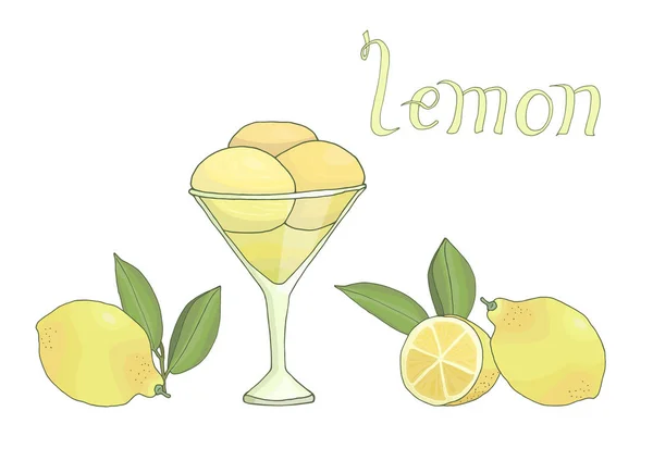 Mão Desenhada Saborosa Deliciosa Limão Sorvete Vetor Ilustração Com Limões — Vetor de Stock