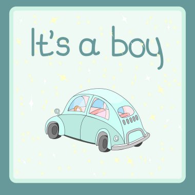Bebek çocuk araba kartı. Erkektir. Araba vektör çizim ile bebek için tebrik kartı