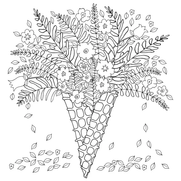 Flores Folhas Forradas Desenhadas Mão Cone Waffle Para Ilustração Vetorial —  Vetores de Stock
