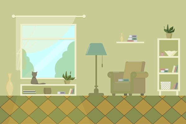 living room with armchair shelves window books lamp and cat flat vector illustration