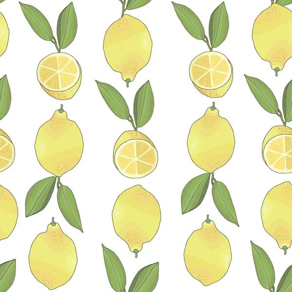 Seamless pattern with tasty ripe lemons and green leaves vector illustration — Stock Vector