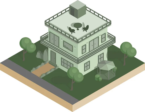 Casa isométrica con arbustos y árboles, mesa y sillas en el techo vector ilustración — Archivo Imágenes Vectoriales