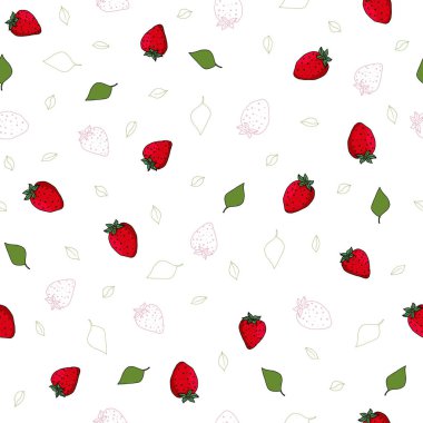 elle çizilmiş lezzetli olgun kırmızı çilek ve yeşil yaprakları ile dikişsiz desen