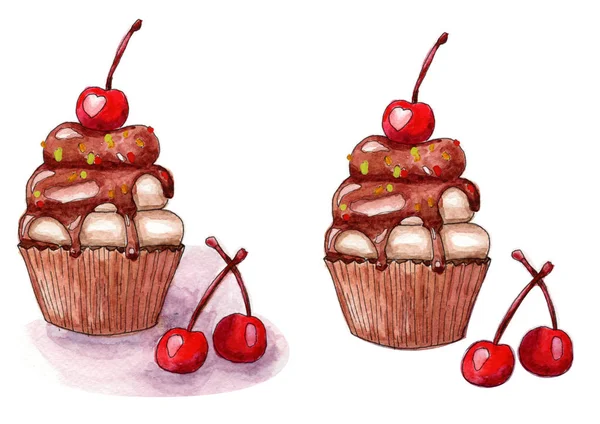 Tasty delicious cupcakes with cherry with and without shadow watercolor illustration — Stock Photo, Image