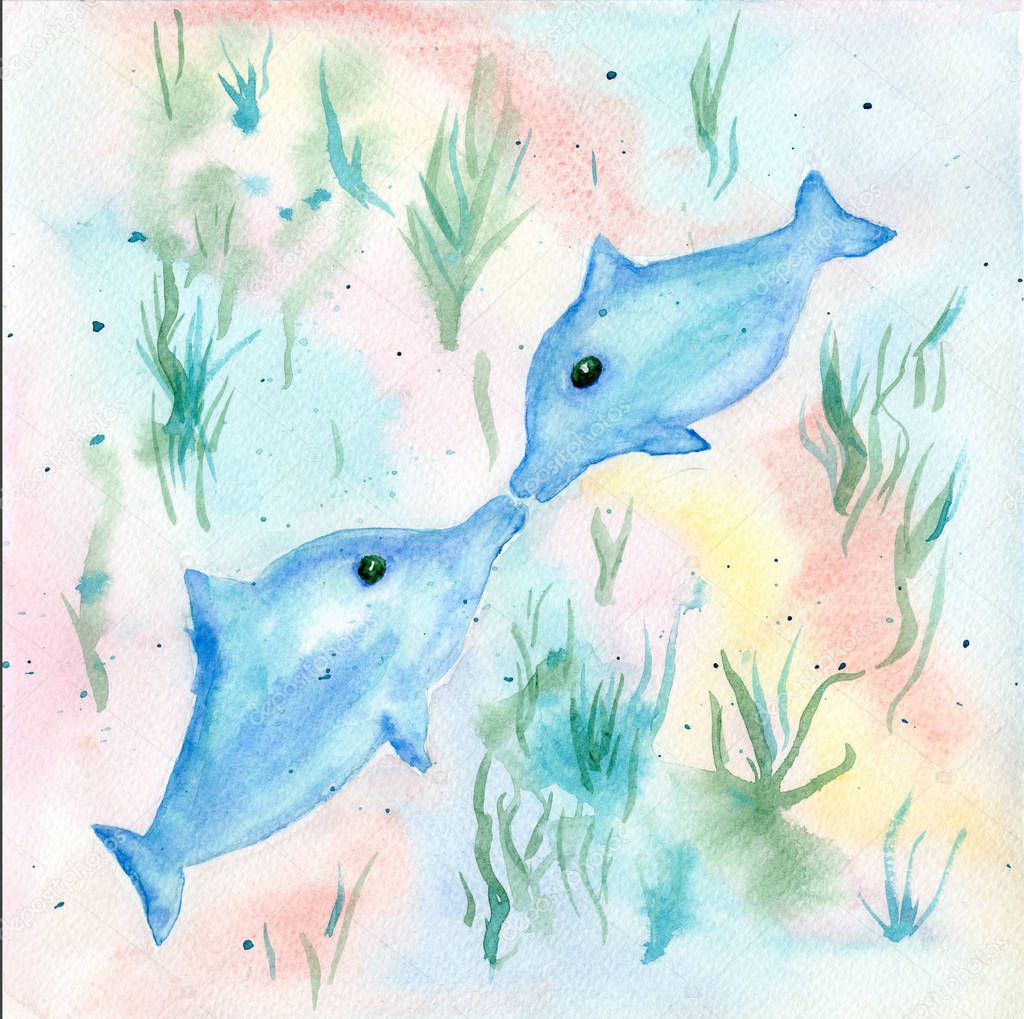 Watercolor illustration with sea dolphins love kiss and water plants