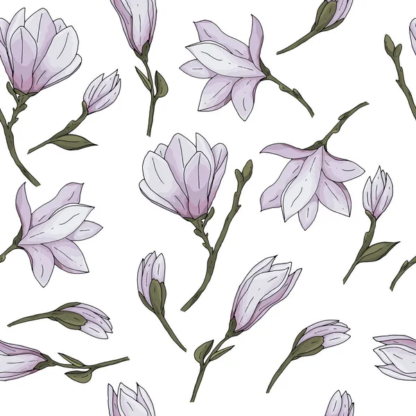 Modèle sans couture avec fleur de magnolia dessinée à la main avec des branches et des feuilles illustration vectorielle — Image vectorielle