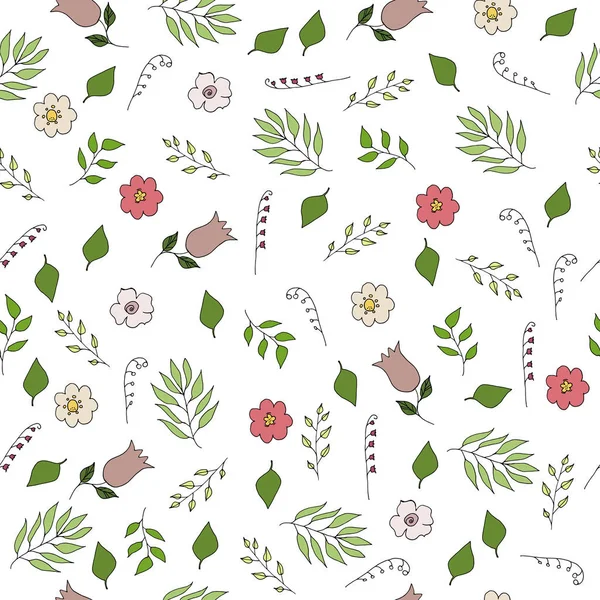 Motif floral sans couture illustration vectorielle avec des fleurs et des feuilles dessinées à la main — Image vectorielle