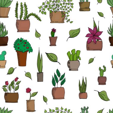 beyaz arka plan vektör illüstrasyon üzerinde tencere renkli el çizilmiş çiçekler ile dikişsiz desen