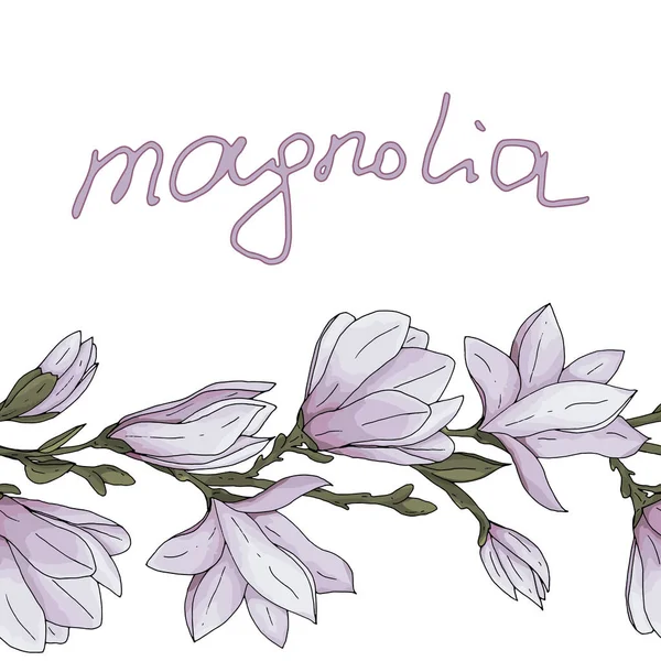 Fiore di magnolia disegnato a mano con rami e foglie in pennello senza soluzione di continuità e illustrazione vettoriale lettering — Vettoriale Stock
