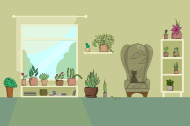 koltuk rafları pencere kitapları ile oturma odası saksı ve kedi düz vektör illüstrasyon çiçek çiçek
