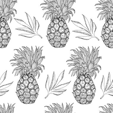 El çizilmiş ananas tek renkli ve tropikal yaprakları ile Dikişsiz desen vektör illüstrasyon