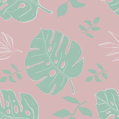 El çizilmiş tropikal yaprakları yeşil ve pembe vektör illüstrasyon ile dikişsiz desen