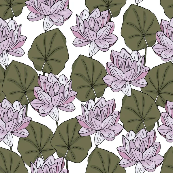 Modèle sans couture avec lotus dessiné à la main avec illustration vectorielle de feuilles — Image vectorielle