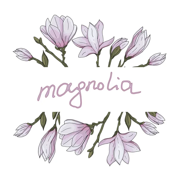 Fiore di magnolia disegnato a mano con rami e foglie con decorazione e lettering per illustrazione vettoriale biglietto di auguri — Vettoriale Stock