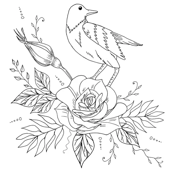 Oiseau dessiné à la main sur rose avec feuilles et bourgeon illustration vectorielle monochrome — Image vectorielle