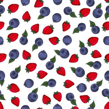 el çizilmiş yabanmersini yaban mersini çilek ile Dikişsiz desen vektör illüstrasyon yaprakları