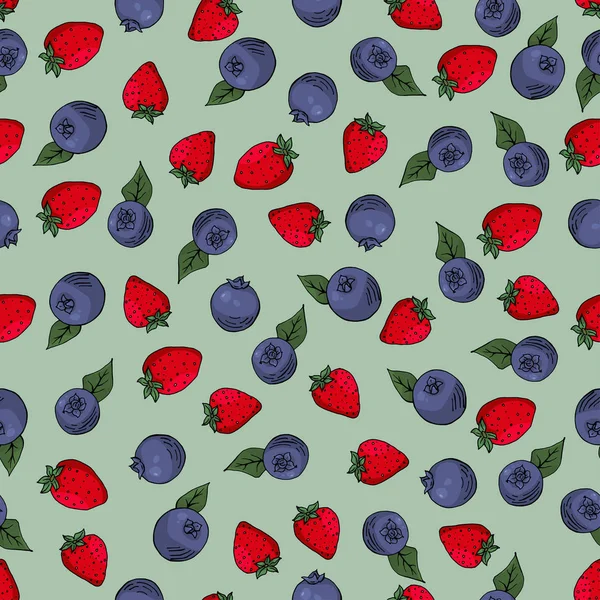 seamless pattern with hand drawn bilberries blueberries strawberries with leaves illustration