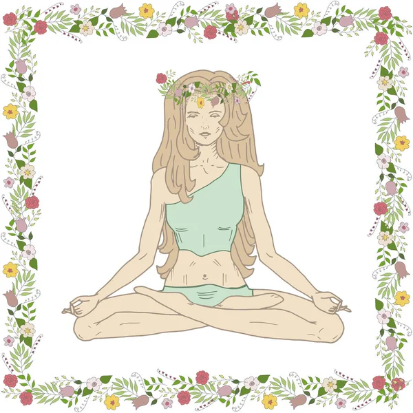 Ragazza yoga disegnato a mano in posa loto con fiori floreali e foglie verdi vettoriale illustrazione — Vettoriale Stock