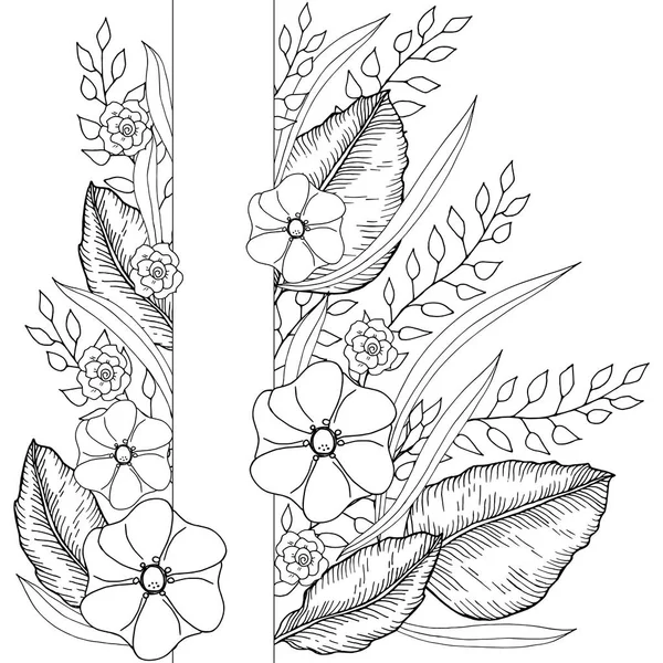 Decorazione floreale disegnata a mano con fiori e foglie illustrazione vettoriale monocromatica — Vettoriale Stock