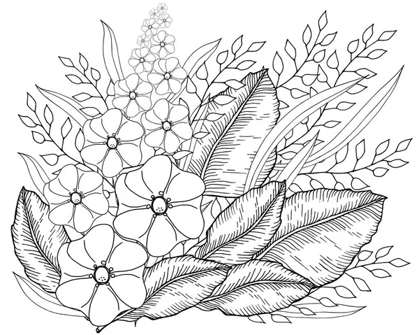 Bouquet floral dessiné à la main avec des fleurs sauvages et des feuilles illustration vectorielle monochrome — Image vectorielle