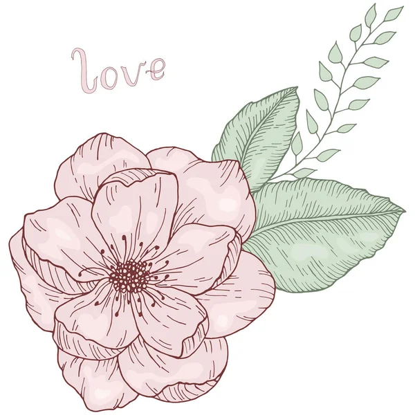 Bouquet floral dessiné à la main avec fleur de rose sauvage et feuilles colorées avec illustration vectorielle d'amour lettrée — Image vectorielle