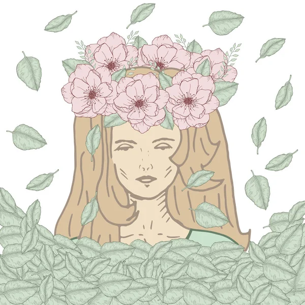 Fille de yoga dessinée à la main en couronne avec une fleur de rose sauvage et des feuilles vertes illustration vectorielle — Image vectorielle