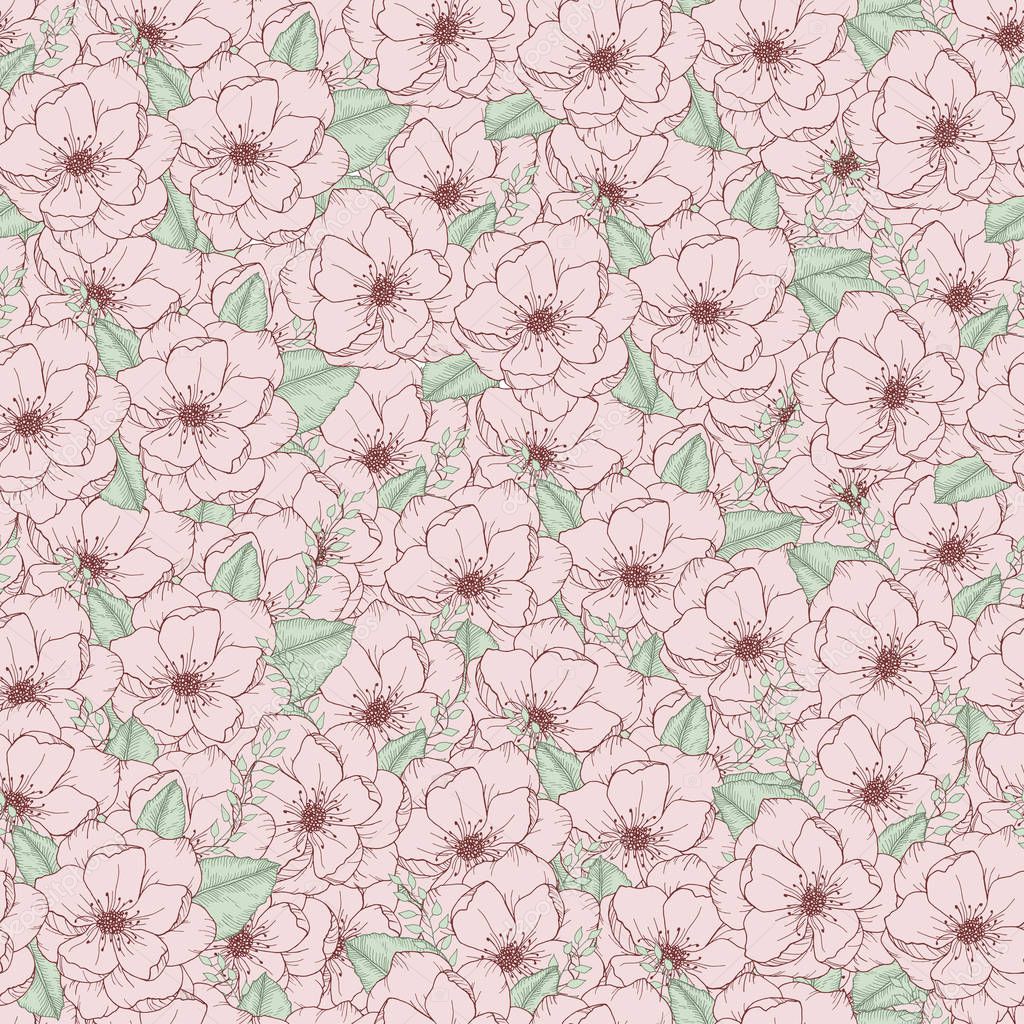 seamless pattern with hand drawn wild rose flower and leaves colored with lettering love vector illustration