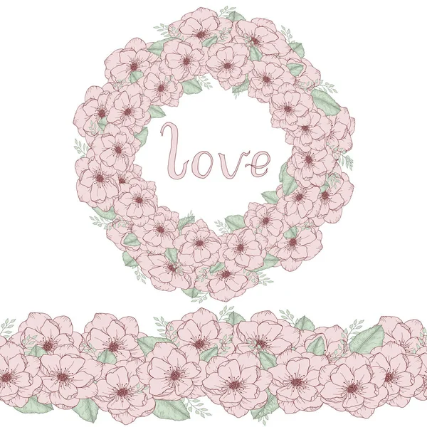 Seamless endless border and round with hand drawn wild roses and leaves, lettering love vector illustration — Stock Vector