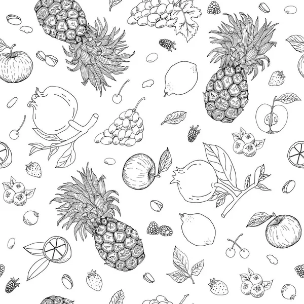 Nahtloses Muster mit handgezeichneten Früchten und Beeren, Äpfeln, Zitronen, Erdbeeren, Ananas, Himbeeren, Kirschen, Granatapfel-Vektorillustration — Stockvektor