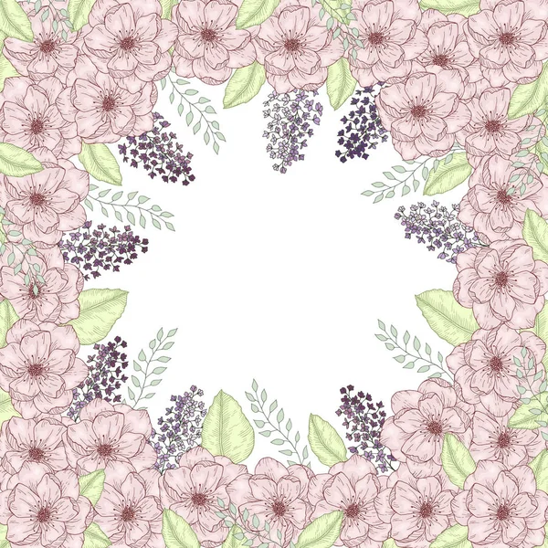 Cadre avec des feuilles de roses sauvages dessinées à la main et illustration vectorielle de branche de lilas — Image vectorielle