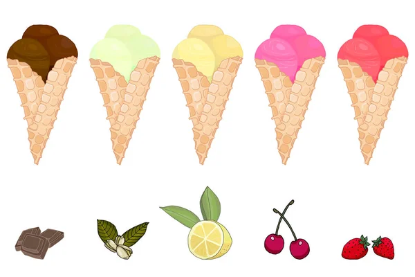 Conjunto de mano aislada dibujada deliciosa fruta deliciosa pistachos bayas helado en cono sobre fondo blanco vector ilustración con frambuesa de fresa de cereza sobre fondo blanco — Vector de stock