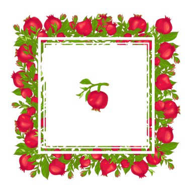 Yapraklı ve çiçek vektör resimli dallara kırmızı el yapımı nar çizilmiş düğün davetiyesi kartı için şablon