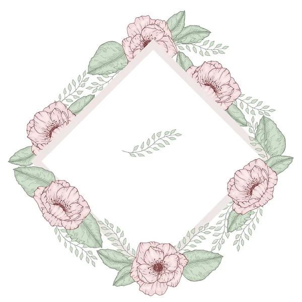 Modello di biglietto d'invito di nozze con fiori disegnati a mano rose selvatiche e foglie verdi illustrazione vettoriale — Vettoriale Stock