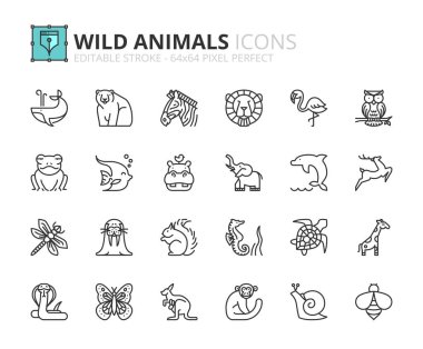 Anahat simgeleri vahşi hayvanlar hakkında. Evcil hayvan. Düzenlenebilir inme. 64 x 64 piksel mükemmel.