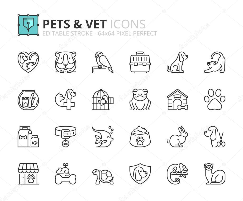 Outline icons about pets and vet. Pet care. Editable stroke. 64x64 pixel perfect.