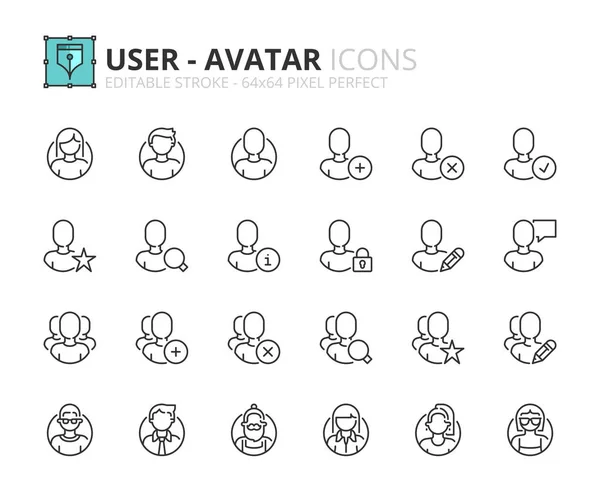 Overzicht Pictogrammen User Interface Avatars Bewerkbare Beroerte Pixel Perfect — Stockvector