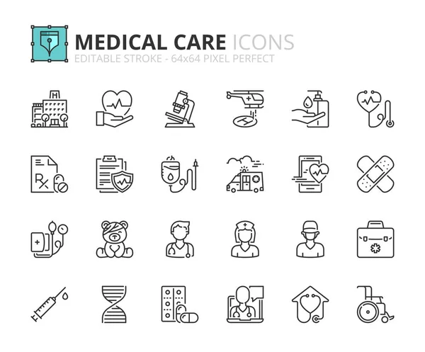 概述有关医院和医疗保健的图标 可编辑笔画 64X64 像素完美 — 图库矢量图片
