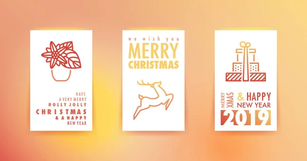 メリー クリスマスとグラデーションの背景とポインセチア トナカイや贈り物のシンボル幸せな新年のグリーティング カード — ストックベクタ