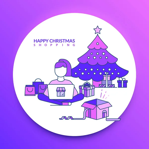 圣诞快乐购物 一个女孩网上购物圣诞节礼物在圣诞树旁边与袋子和礼物 — 图库矢量图片