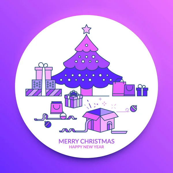 Kellemes Karácsonyi Ünnepeket Boldog Évet Karácsonyi Ajándékok Mellé Egy Karácsonyfa — Stock Vector