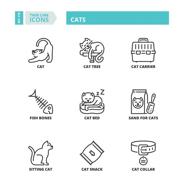 Icônes Ligne Sur Les Animaux Domestiques Chats — Image vectorielle