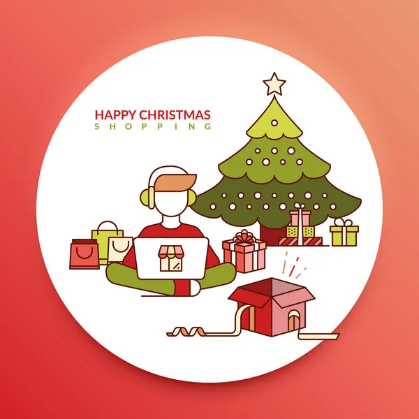 圣诞快乐购物 一个男孩购物在线圣诞礼物旁边的圣诞树与袋子和礼物在绿色和红色的颜色 — 图库矢量图片